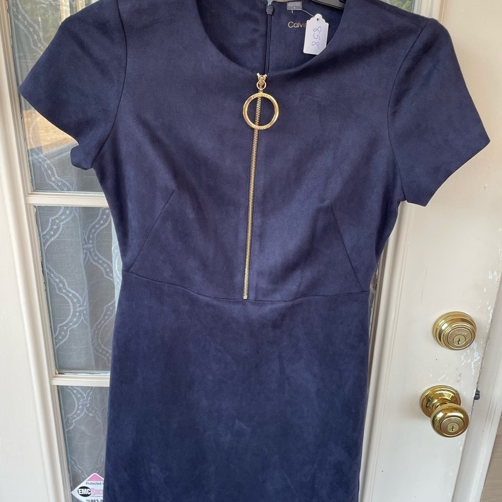 Calvin Klein Navy Faux Suede Zip Front Dress Size 6 ✨ Gold Hardware